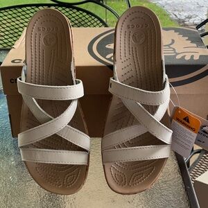 CROCS A-Leigh Mini Wedge Cork Heel Sandal in White (Bone) Leather, Size 7